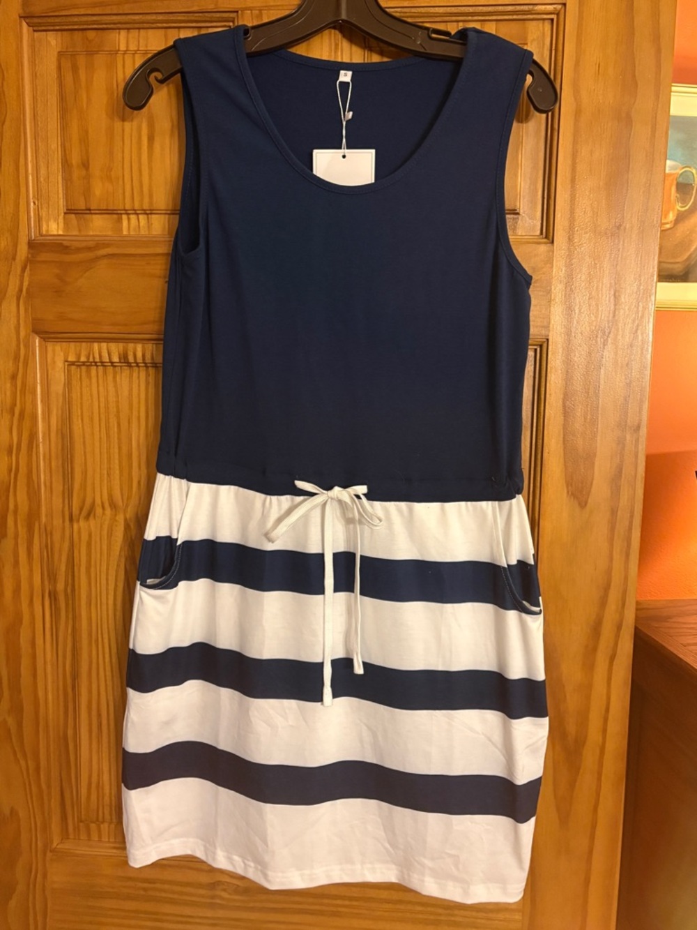Navy and White Striped Sleeveless Drawstring Dress